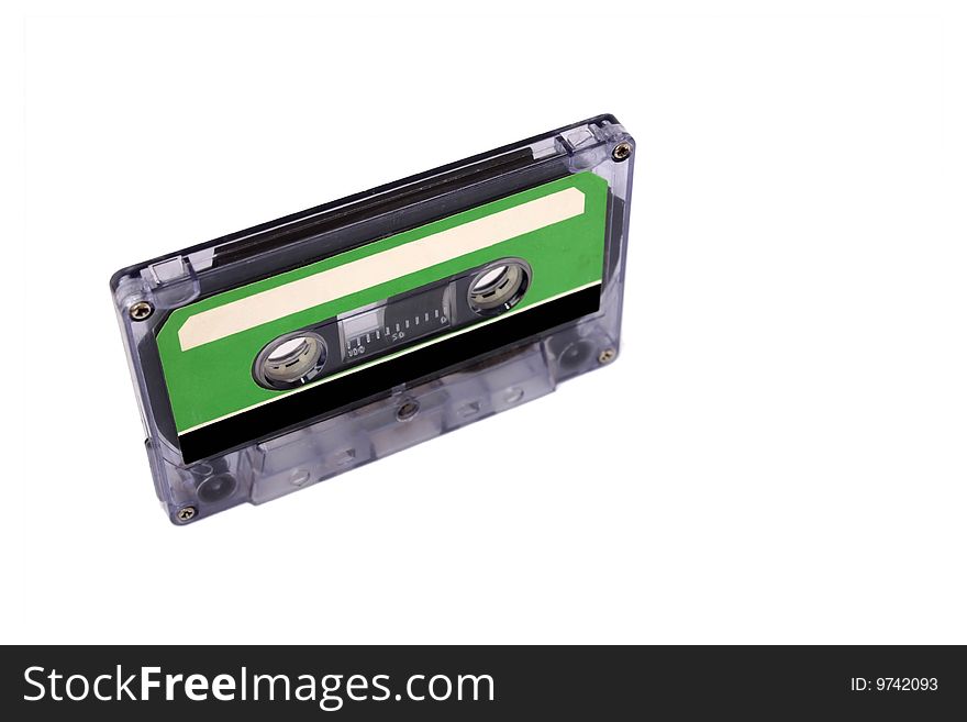 Compact Cassette isolated on white. Vertical right perspective view