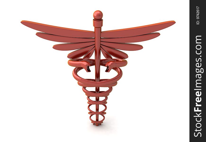 Front view of 3d caduceus  symbol with white background. Front view of 3d caduceus  symbol with white background