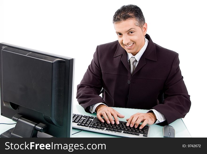 Top view of smiling businessman on white background