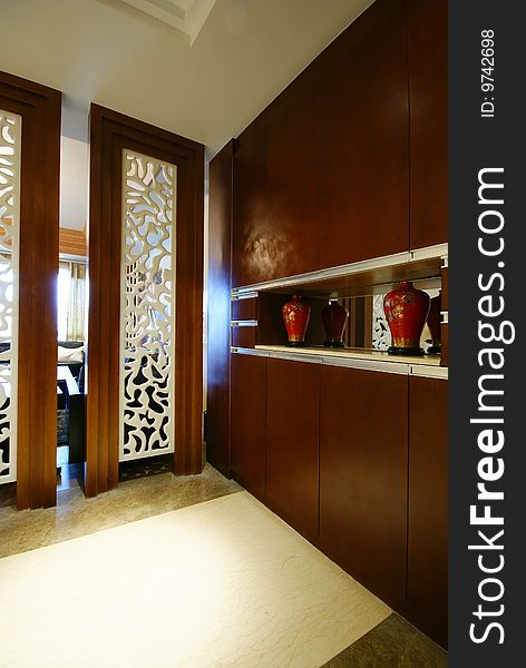 Carved wall panels in modern home. Carved wall panels in modern home.