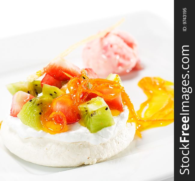 Meringue with Fruit and Strawberry Sorbet. Meringue with Fruit and Strawberry Sorbet