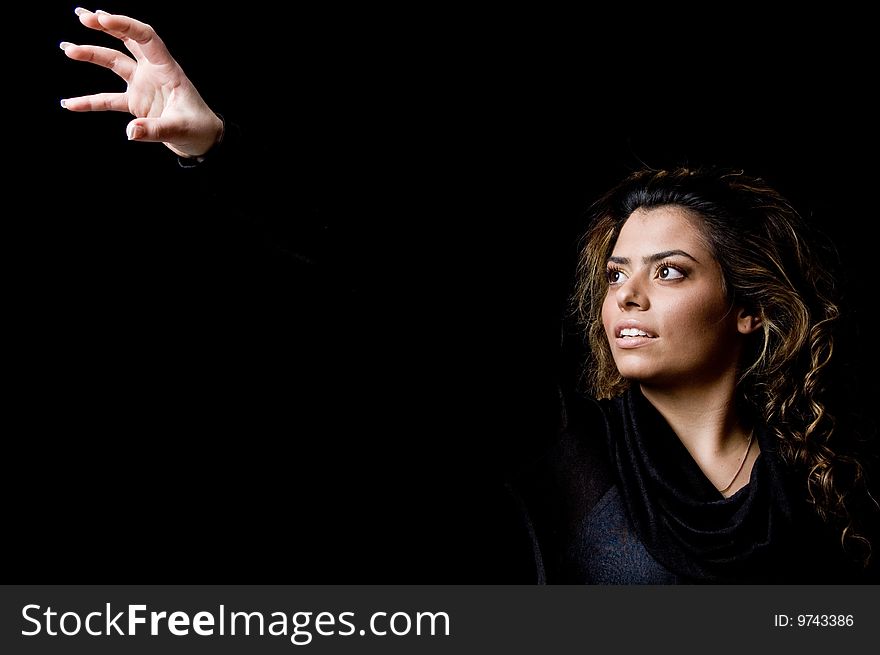 Portrait of beautiful woman showing hand gesture