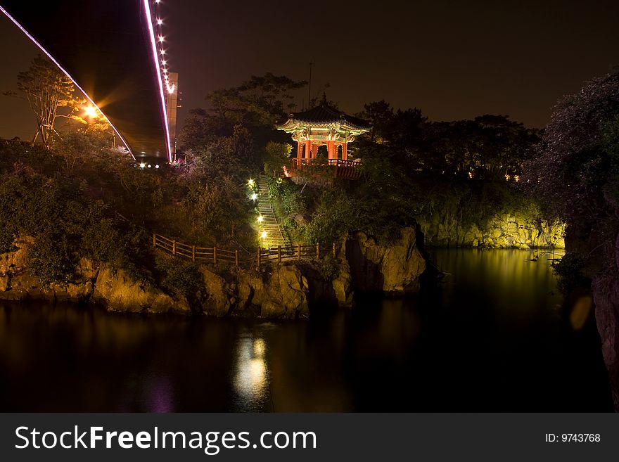 Night view of pagoda and a bridge