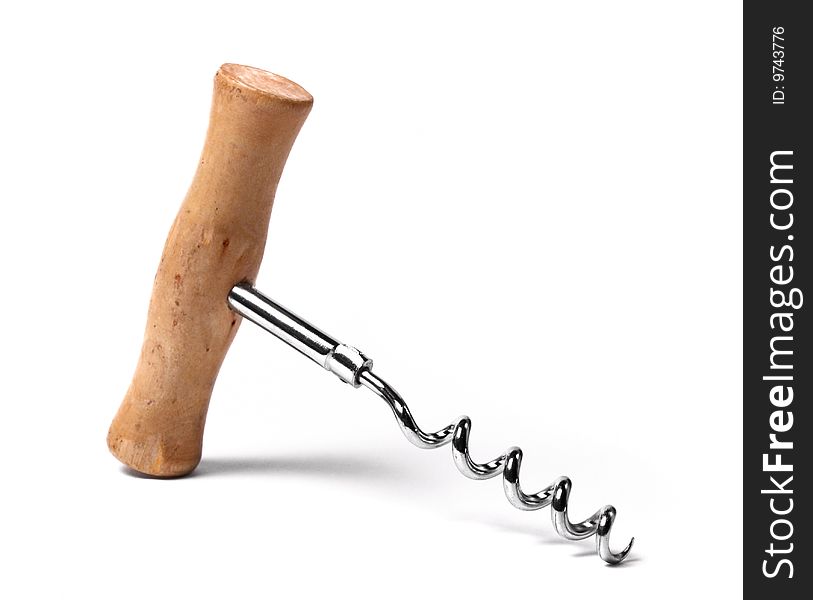Corkscrew with wooden handle on white background