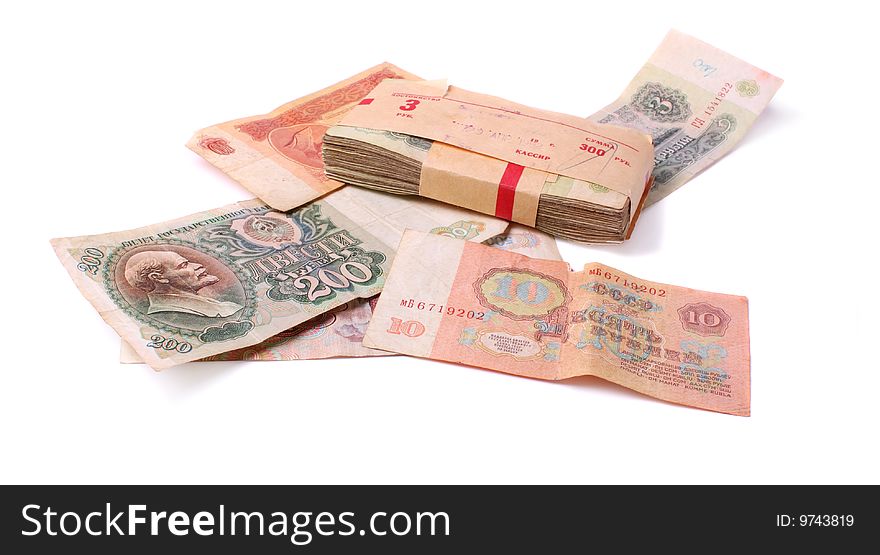 Old soviet banknotes on white