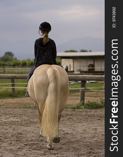 Schoolgirl with ponytail to be mounted a Horse. Schoolgirl with ponytail to be mounted a Horse