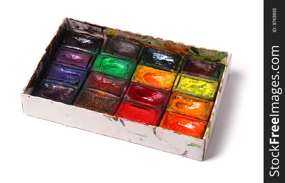 Box of professional water-color paint on white