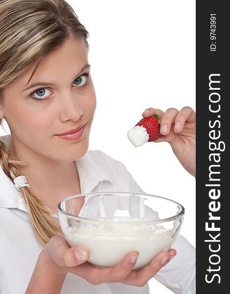 Healthy lifestyle series - Woman holding strawberry and yogurt on white background. Healthy lifestyle series - Woman holding strawberry and yogurt on white background