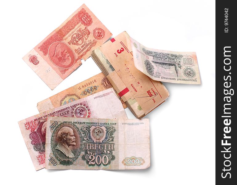 Old soviet banknotes on white