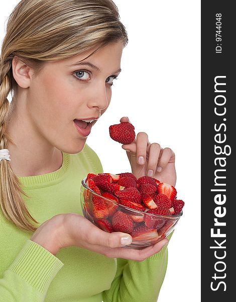 Healthy lifestyle series - Woman eating strawberry on white background