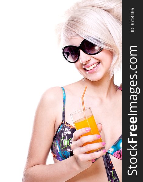 Beautiful Women In Swimsuit With A Glass Of Juice