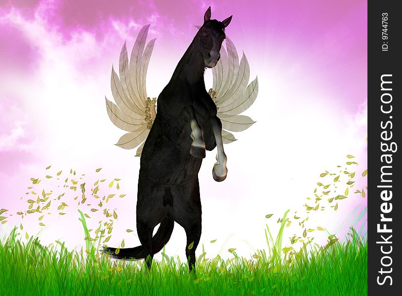 Flying Black stallion in the green meadow