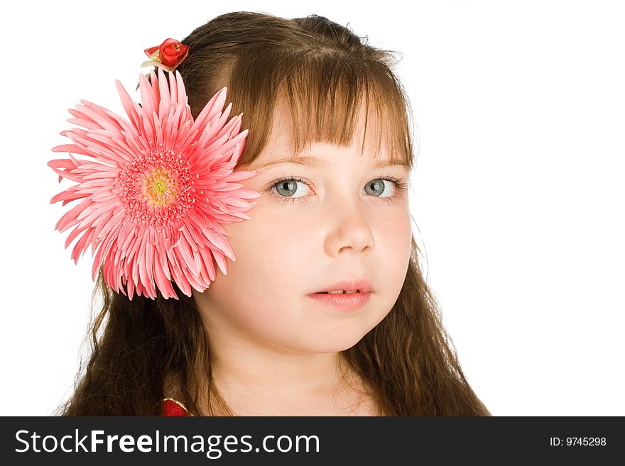 An image of a portrait of nice girl with a pink flower