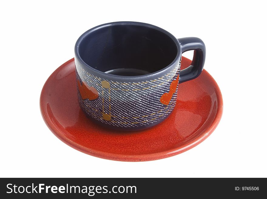 Blue cup with red saucer isolated. Blue cup with red saucer isolated