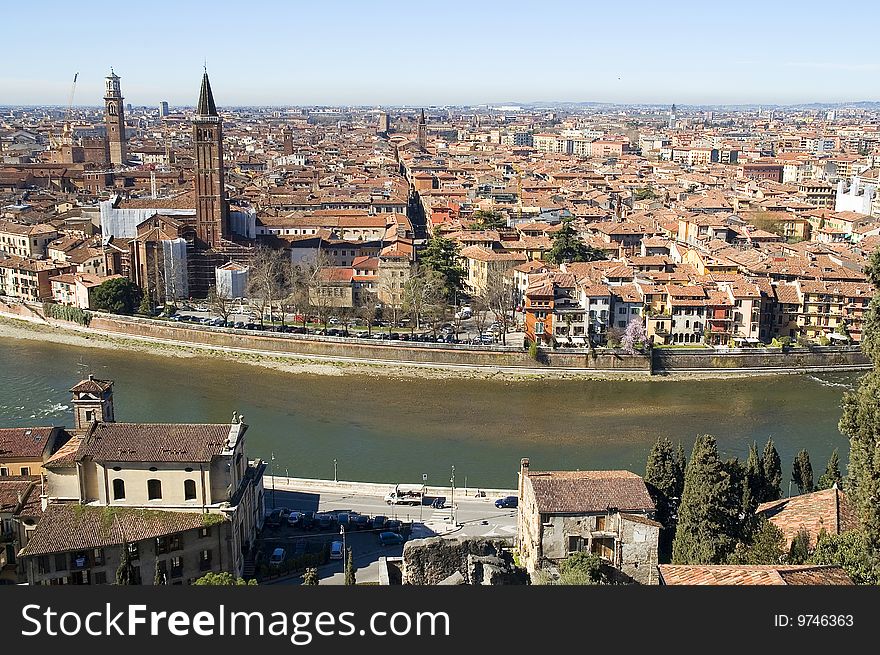 Overview of the center of Verona, divided by the river Adige. Overview of the center of Verona, divided by the river Adige