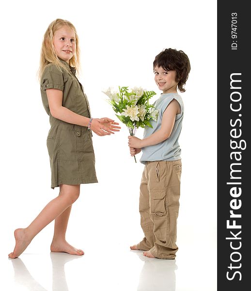 Two (girl and little boy) children with  flowers. Two (girl and little boy) children with  flowers