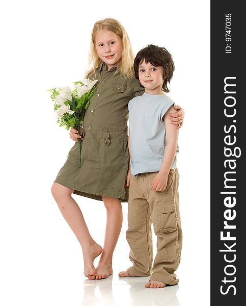 Two (girl and little boy) children with  flowers. Two (girl and little boy) children with  flowers