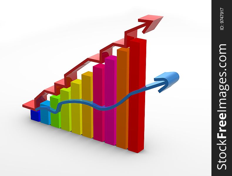 3D Chart stepping upwards with arrows following on white background. 3D Chart stepping upwards with arrows following on white background
