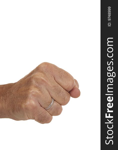 Tightly clenched male fist, suggesting meanness 'tight-fisted', aggression - ready to punch, strength - fighting for a cause. Can be used vertically or horizontally depending on concept. White background.