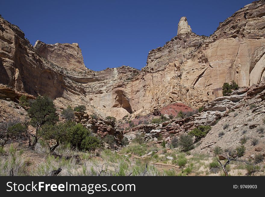 View of red rock formations in San Rafael Swell with blue skyï¿½s