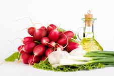 Green Vegetables And Bottle Of Oil Stock Photo Green Vegetables And Bottle Of Oil Stock Photo