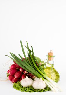 Green Vegetables And Bottle Of Oil Royalty Free Stock Image Green Vegetables And Bottle Of Oil Royalty Free Stock Image