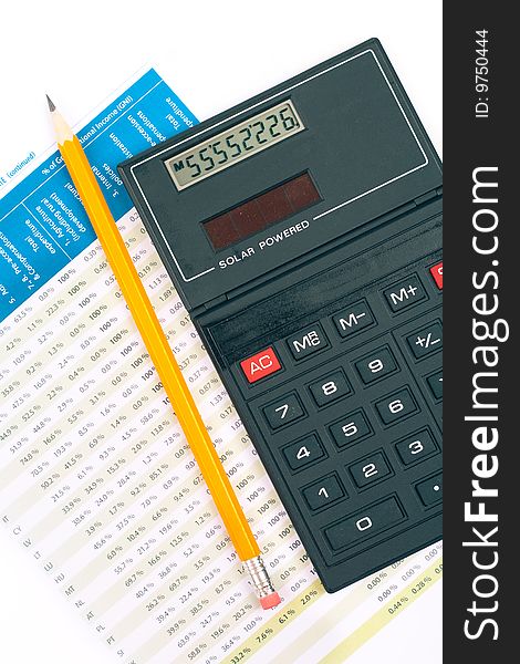 Calculator, pencil and business report isolated on white