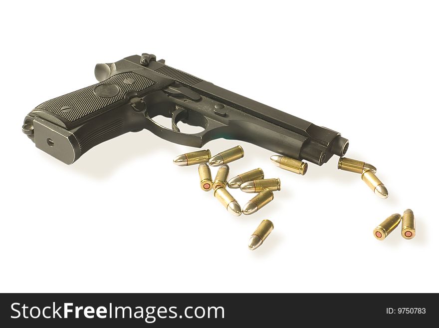 Semi-autos gun with fourteen bullets caliber 9mm isolated on white. clipping path inside