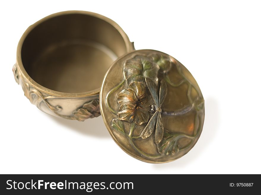 Vintage bronze powder box. focus on dragonfly. isolated on white. clipping path inside. Vintage bronze powder box. focus on dragonfly. isolated on white. clipping path inside