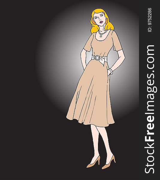 Blonde haired cartoon girl using dress on black background. Blonde haired cartoon girl using dress on black background