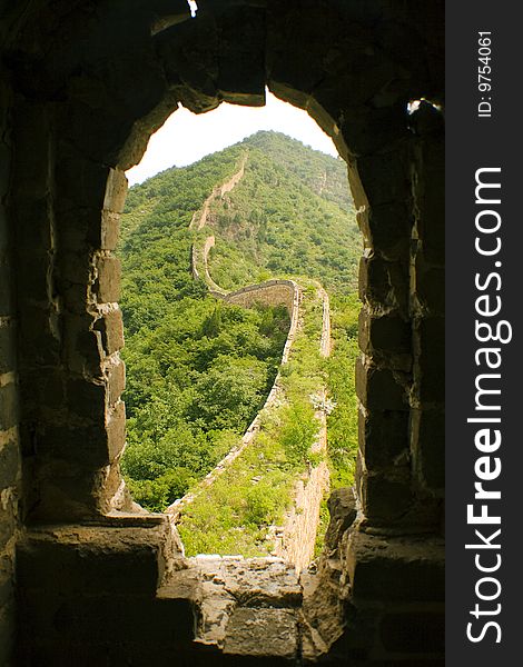 Framed view of the great wall from a tower