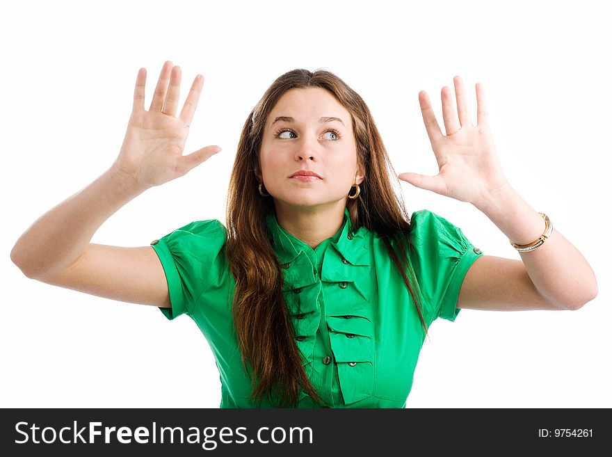 A young woman typing something imaginary in the air