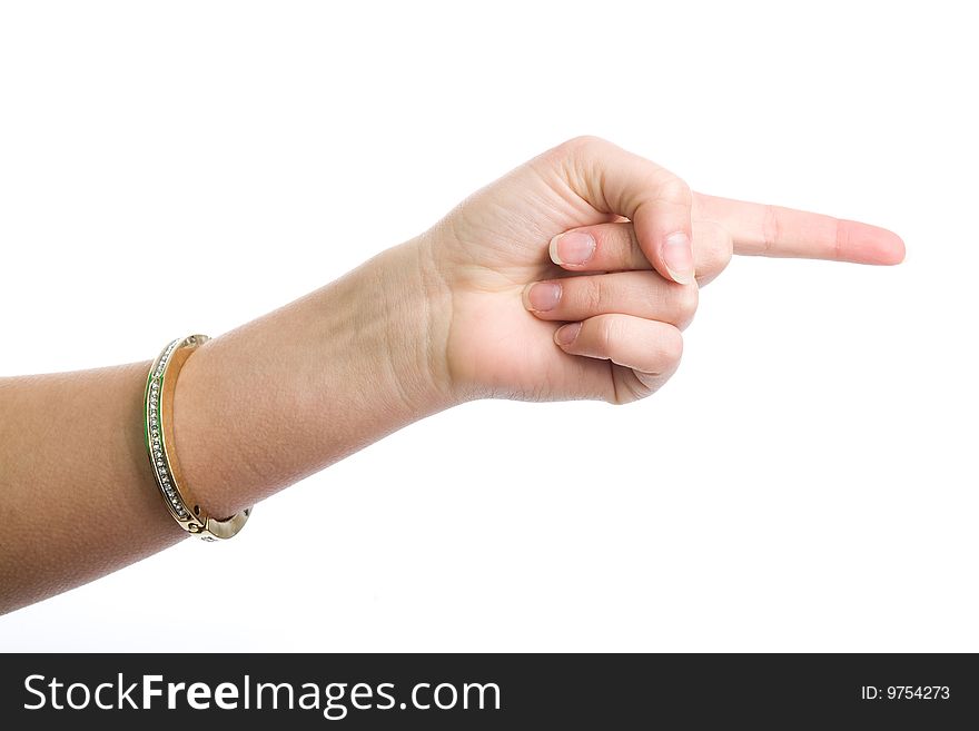 Female hand demonstrating gesture on the white background. Female hand demonstrating gesture on the white background