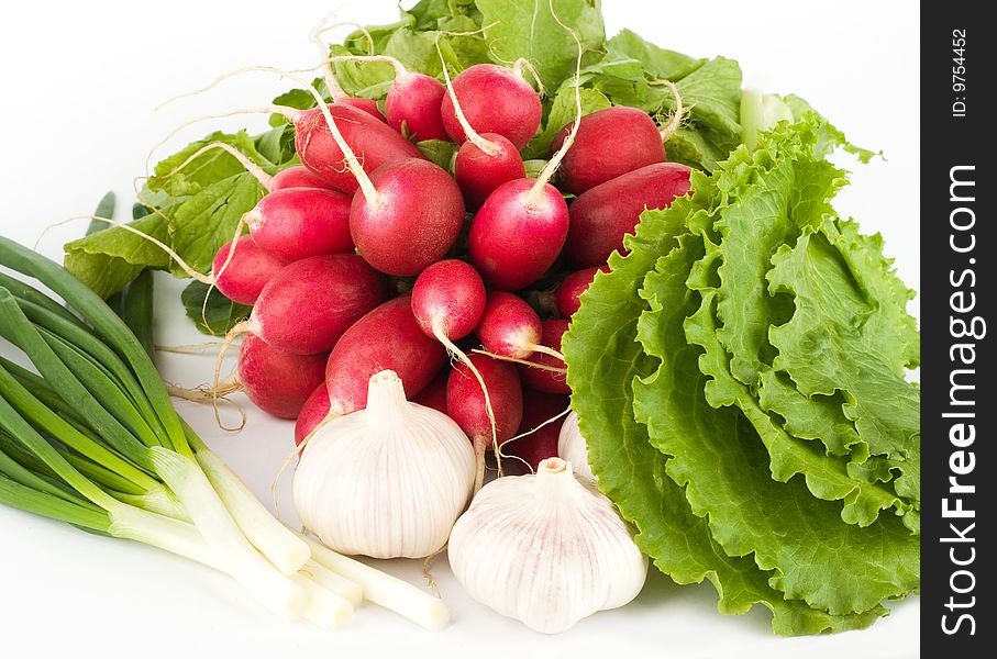 Spring onions, garlic, lettuce and radish bunch on the white background