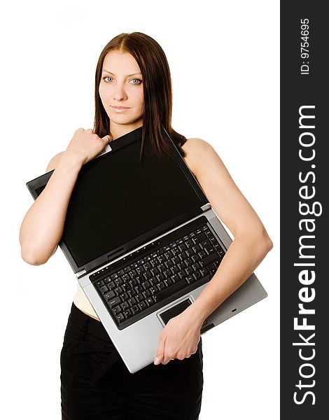 A beautiful woman with black laptop in her hands