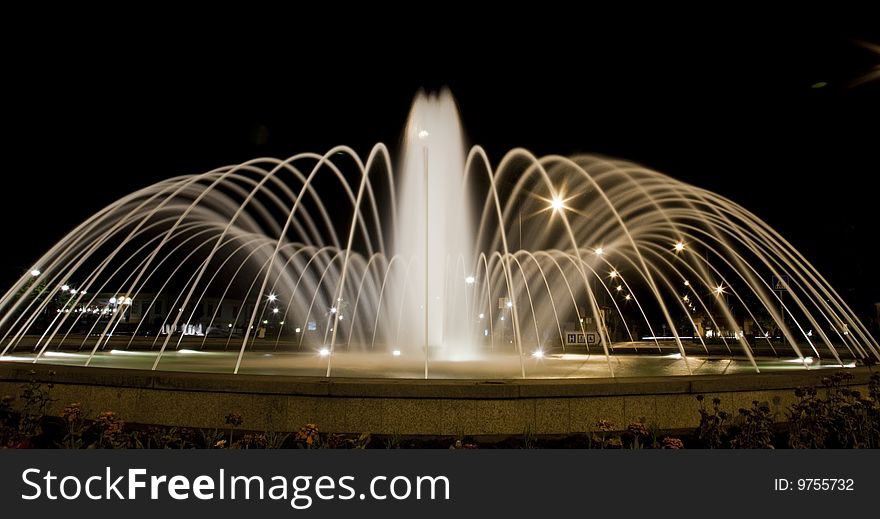 Beautiful fountain at night with wide angle