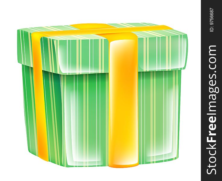 Green gift box with color lines and yellow ribbon isolate on the white background