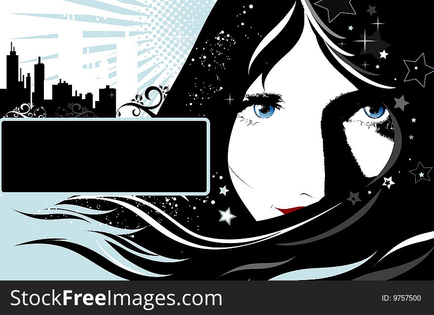 Background with place for the text with girl's face and stars