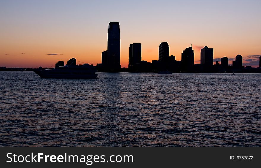 View of Battery park city in New York city at Sunset.