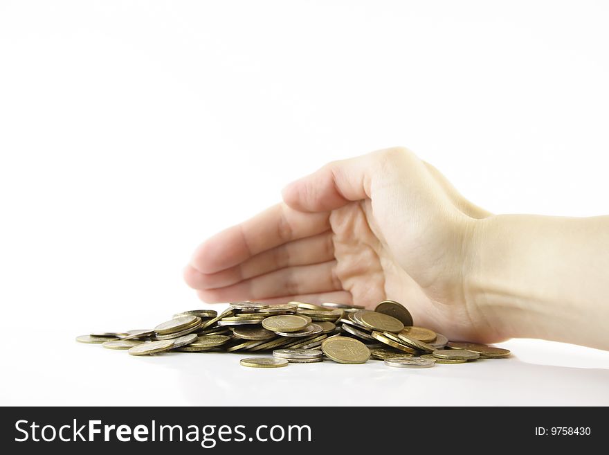 Increase your savings-Hand holding coins against white background