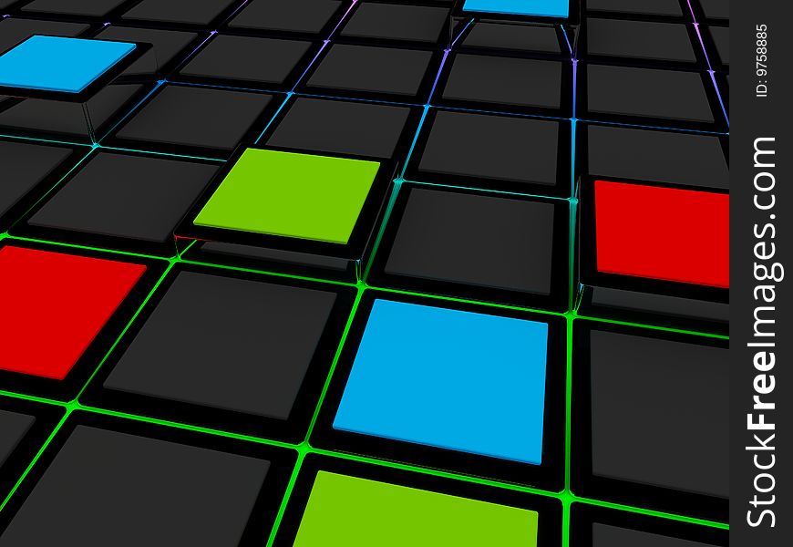 Cubes background black and multiple colors. Cubes background black and multiple colors