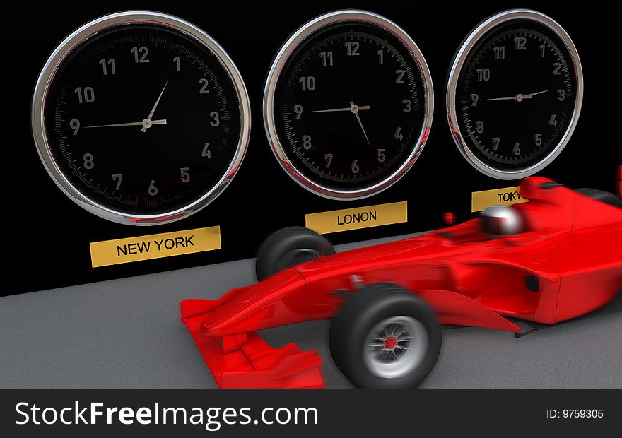 Clocks showing 3 global cities times next to fast F1 car