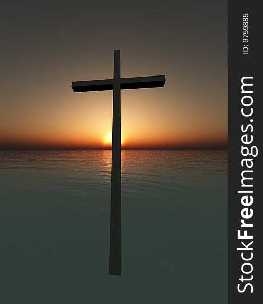 Religious concept image of a floating cross over the sea. Religious concept image of a floating cross over the sea.