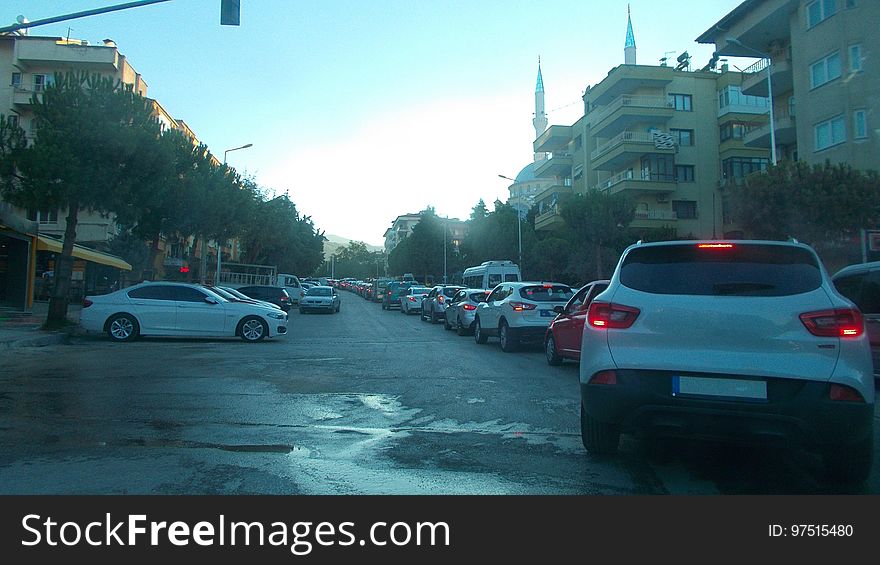 A long traffic jam view from a road on Denizli in Turkey.