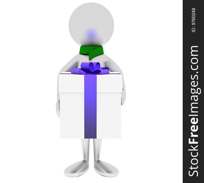 3D man holds gift isolated on white. 3D man holds gift isolated on white.