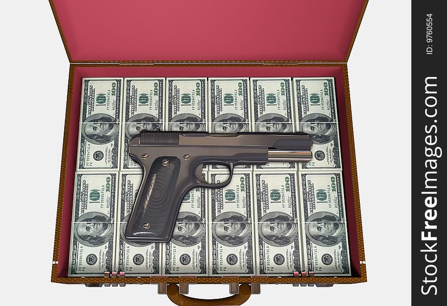 Valise stuffed by money and the gun is lies on them. Valise stuffed by money and the gun is lies on them