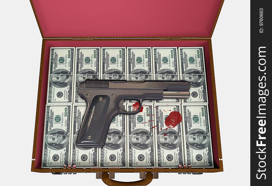 Valise  stuffed by money and the gun is lies on them. Valise  stuffed by money and the gun is lies on them