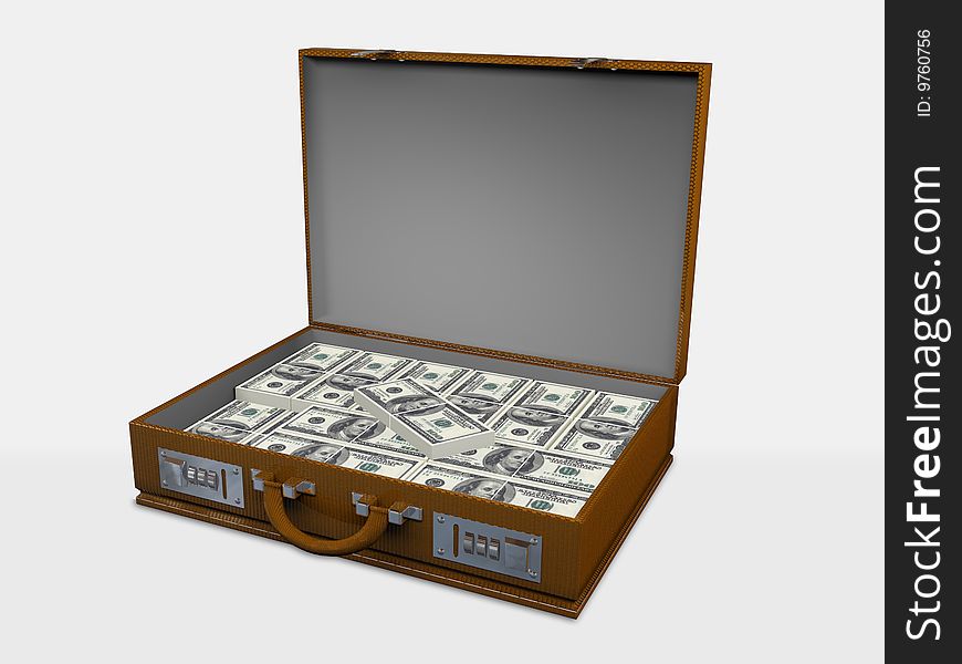 Brown valise  stuffed by money. Brown valise  stuffed by money