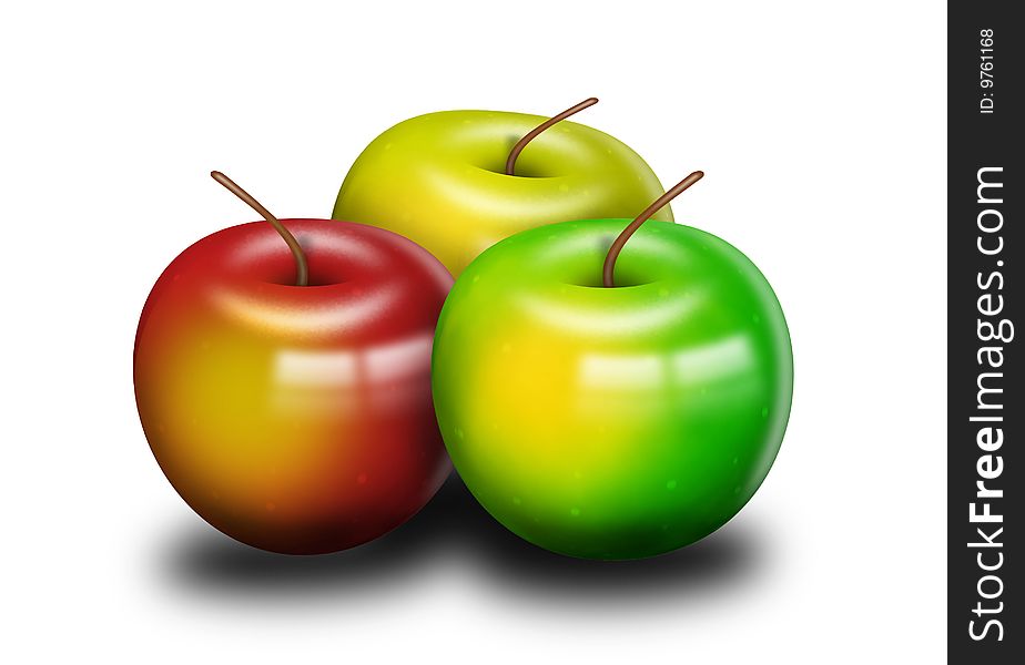 There are three multi-coloured apples on a white background