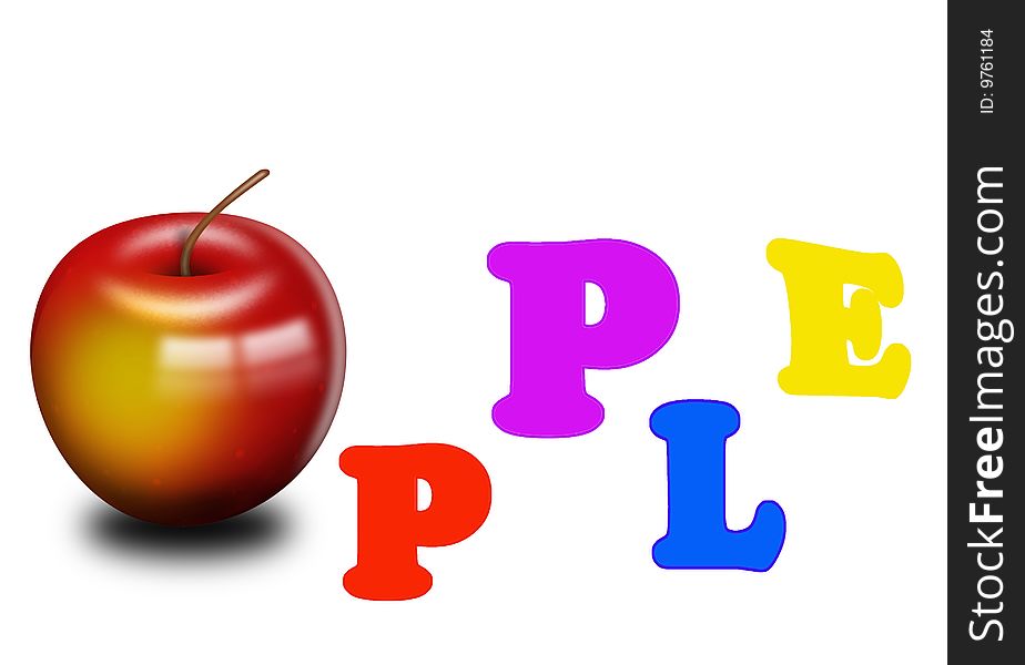 There is a red apple with letters on a white background